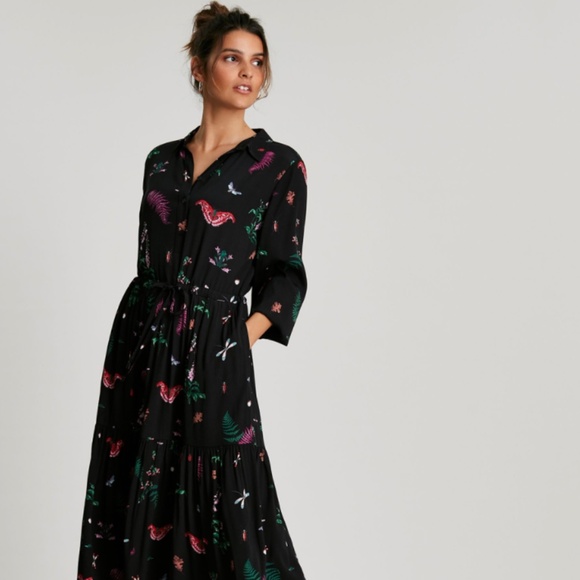 Joules Harper Shirt Dress Maxi Dress - Black Garden Floral - Picture 1 of 4